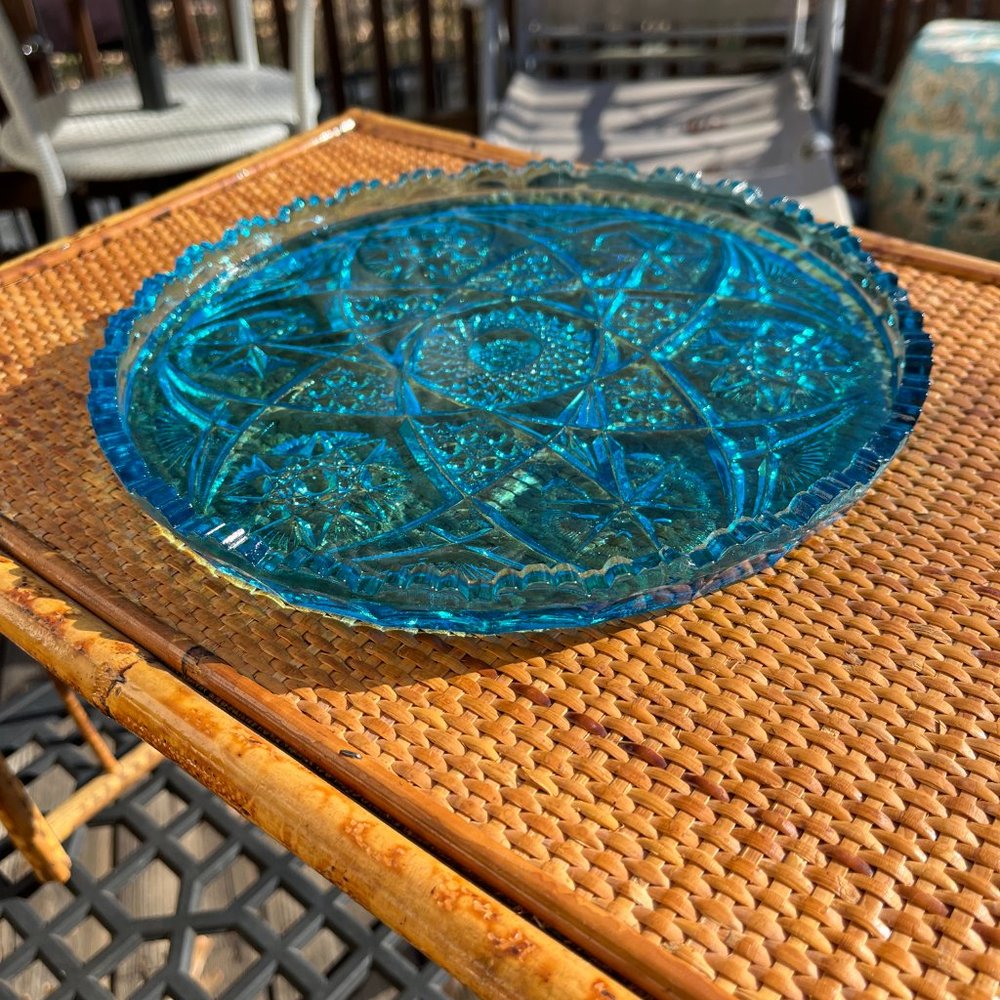 2 Pieces Bundle of Bright Blue Cut Glass- Plate and Candy Dish - Picture 3 of 11